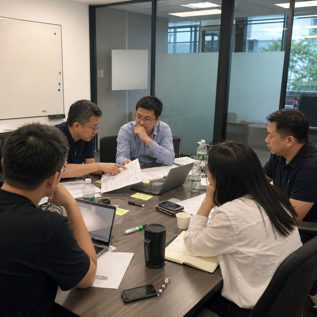 行业专家在会议室围绕课程方案进行讨论